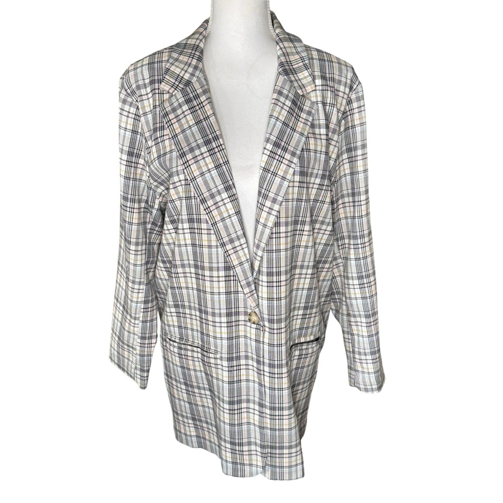 Plaid Single Button Preppy Oversized Blazer Jacket Multicolor Women's Size Large